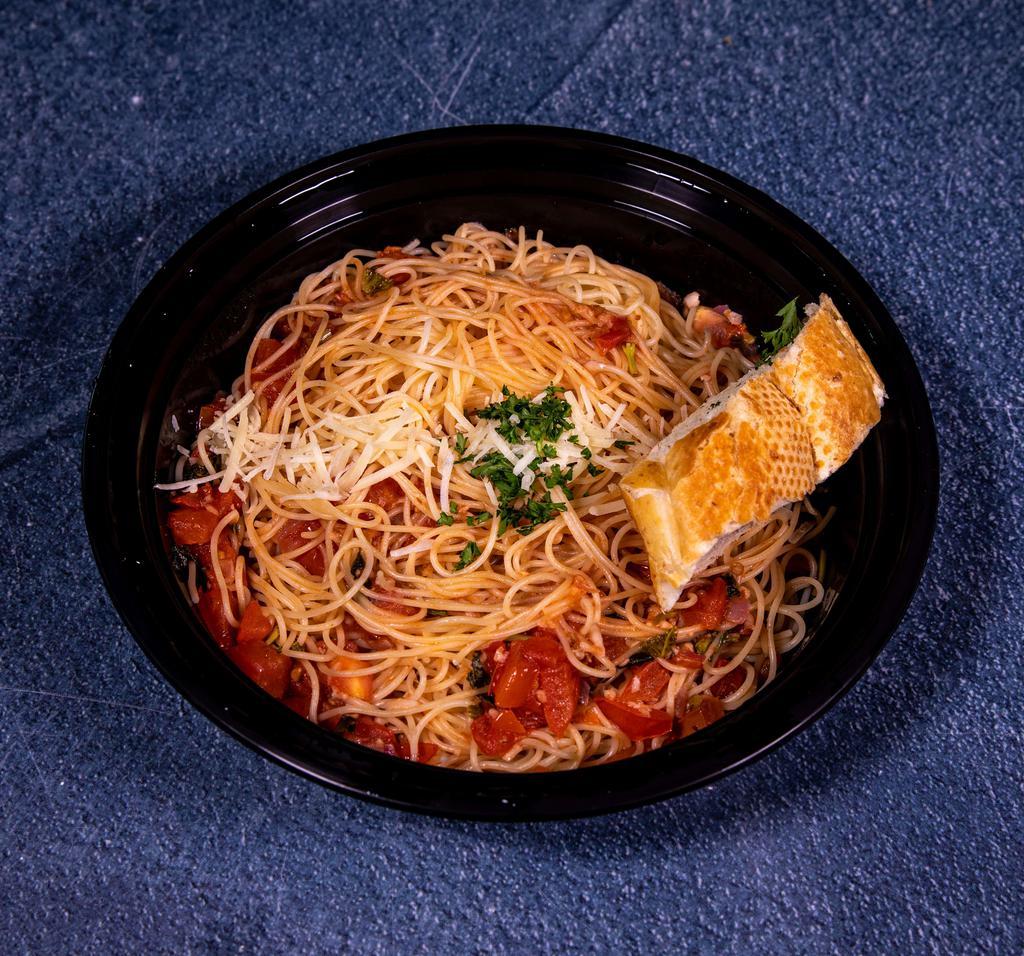 Angel Hair Basilico · Fresh tomato and basil sauce. Add chicken for an additional charge.