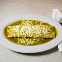 90. Burrito de Lujo · Grilled chicken and shrimp burrito with cheese, topped with green tomatillo sauce, served wi...