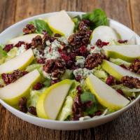 Harvest Salad · Romaine & iceberg lettuce, spinach leaves, sliced fresh pear, craisins, candied walnuts & bl...