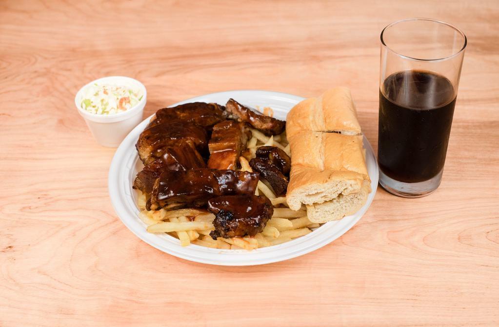 Rib Tip Dinner · Meaty boneless ribs. Served with garlic bread, french fries and coleslaw.