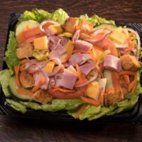 Chef Salad · Ham, turkey, cheddar, swiss, tomato, red onions, carrots, cucumber, pepperoncini, croutons, ...