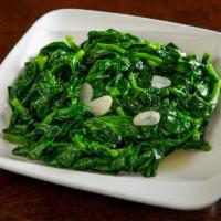 +Pea Leaves w/ Garlic GF · Snow pea leaves stir fried with fresh garlic. No spice.