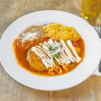 Chile Relleno Platillo · Traditional poblano Chile stuffed with your choice of cheese and mushrooms or chicken and ch...