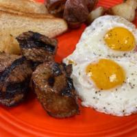 Tips and Eggs* · sirloin BBQ tips, 2 eggs any style, toast, home fries