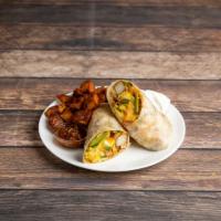 Sunrise Breakfast Burrito · Stuffed with scrambled eggs, crispy bacon, sausage, potatoes, peppers, onions, and mixed wit...