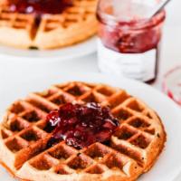 Peanut Butter & Jelly Waffle · Belgian waffle with peanut butter baked inside, topped with strawberry jelly, whip cream and...
