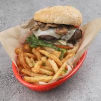 Mushroom Swiss Burger · Grilled mushrooms and Swiss cheese. Served with lettuce, tomato, onion, and pickles on the s...