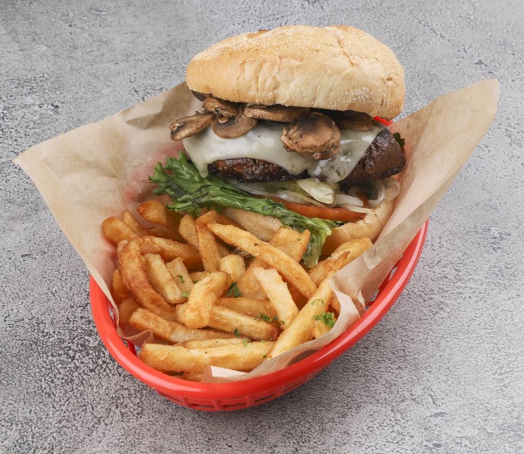 Mushroom Swiss Burger · Grilled mushrooms and Swiss cheese. Served with lettuce, tomato, onion, and pickles on the side with choice ofCorner side.