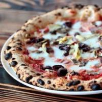 Quattro Stagioni Pizza · Prosciutto cotto, artichokes, mushrooms and olives, italian sauce, fior di latte, truffle oi...