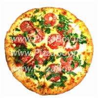 Margherita Pizza · Mozzarella cheese, Olive Oil, Parmesan cheese, Garlic, Sliced Tomatoes and Fresh basil on top.