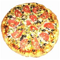 Vegetarian Pizza · Mozzarella Cheese, Sauce, Fresh Mushroom, Green Pepper, Black Olives, Red Onions, Garlic, Sl...