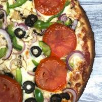Gluten Free Vegetarian Pizza · Crust is dairy free & vegan.  Cheese, Sauce, Fresh Mushroom, Green Pepper, Black Olives, Red...