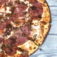 Gluten Free Meat Lover's Pizza · Crust is dairy free & vegan.  Sauce, Mozzarella Cheese, Pepperoni, Salami, Sausage, Ham, Ame...