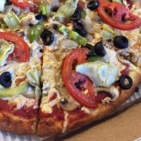 Vegan Vege Pizza · 100% dairy free, meat free and completely plant based. Pizza sauce with mushroom, green bell...