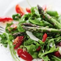 Arugula & Asparagus Salad · Organic Arugula, Asparagus, Tomatoes, Shaved Parmesan, Your Choice of Dressing (We Recommend...
