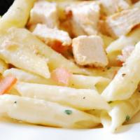 Penne and Chicken Alfredo · Penne pasta with chicken breast, broccoli, tomatoes, mushrooms in extra virgin olive oil and...