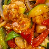 Black Pepper Shrimp and Scallops · Stir fried shrimp, scallops and vegetable with homestyle black pepper sauce. Hot and spicy.