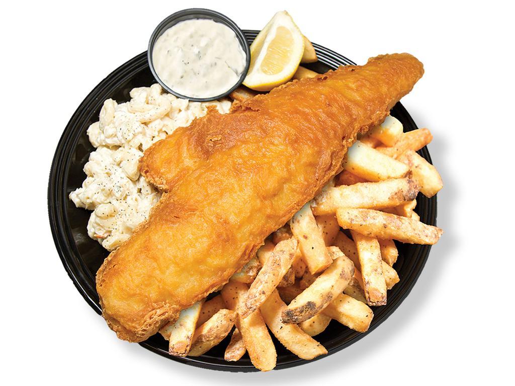 Haddock Fish Fry Dinner · Bass Pale Ale Battered Haddock served with *Jersey Fries, and your choice  of sweet potatoes fries or Macaroni Salad. Lemon wedge and tarter sauce. 