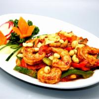 Kung Pao Shrimp · Hot and spicy. Contains peanuts.