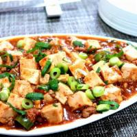 Ma Po Tofu with Ground Pork · Hot and spicy.