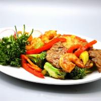 Triple Delight in Thai Style · Jumbo shrimp, sliced chicken breast and beef sauteed with mixed vegetables. Hot and spicy.