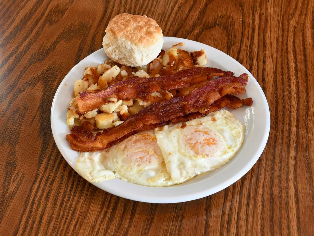 Classic Breakfast Platter · Two eggs served with home fries and choice of breakfast meat. Add a hot cake for an additional charge.