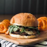 Swiss Burger · 8 oz. hamburger, sauteed mushroom, caramelized onion, Swiss cheese, mesclun greens and steak...