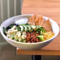Mexican Salad · Romaine lettuce, avocado, grape tomato, corn, black beans, Spanish chorizo, tortilla chips a...