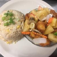 D4. Hawaiian Shrimp Dinner Special · Deep fried shrimp sauteed with mushroom, onion, pineapple, carrot and bell peppers in homema...