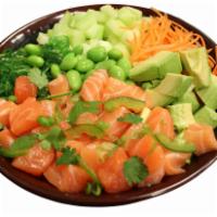 S1.Scottish Salmon Bowl · Salmon, avocado, carrots, cucumber, edamame, seaweed salad, jalapeno, cilantro, furikake wit...