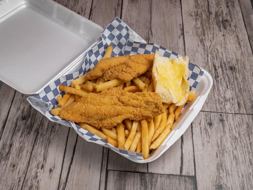 Catfish Family Platter · Served with French fries and garlic bread. 6 pieces filets and 12 shrimp.
