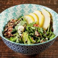 Contadina · Greens, arugula, pears, sugar-frosted walnuts, Gorgonzola, extra virgin olive oil & our bals...