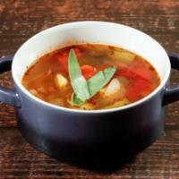 Minestrone Della Nonna · bowl of seasonal organic veggies and mixed beans slowly cooked in an herb bouquet (vegan) (g...