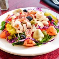 Antipasto Salad · Romaine lettuce, tomatoes, onions, green & black olives, pepperoncini, red sweet peppers, ro...