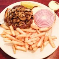 Swiss & Mushroom Burger with French Fries · 