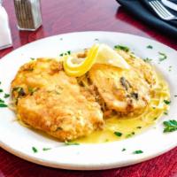 Chicken Francese · Lighty battered, sauteed in a lemon butter wine sauce.