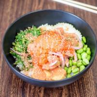 Salmon Lover Combo · Crab meat, 3 scoops salmon mix creamy poke sauce with cucumber, onion, seaweed salad, tamago...