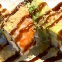 Tiger Roll · Inside: avocado, crab and cream cheese. On top: avocado, shrimp, eel sauce and crucnch.