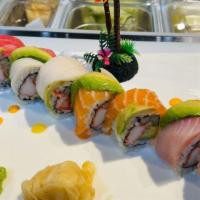 Rainbow Roll · California inside, 4 different raw fish on the top.