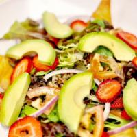 Vegan Salad · Grilled vegan patty, spring mix, onions, tomatoes, pecans, strawberries, served with house-m...