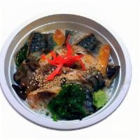 SABA DON (GRILLED MACKEREL BOWL) 焼き鯖丼 · (GRILLED MACKEREL ON TOP OF SUSHI RICE)
