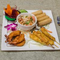 Mixed Sample Platter · Combination of chicken satay, crispy shrimps, spring roll and papaya salad.