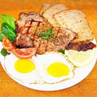 Angus new York steak and eggs · Angus choice new York 14 oz... mesquite and cooked to your choice of rare, med rare, med, me...