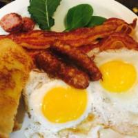 B.E.S.T Breakfast plate · Bacons, Eggs any style, sausages, toasts of your choice and a hash brown patty.