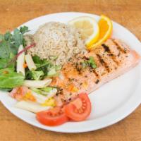 Salmon Plate · Served with jasmine rice and organic salad