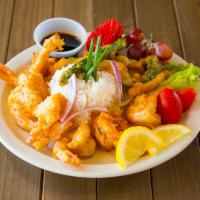 Giant Shrimp Tempura Plate · Served with jasmine rice and organic salad