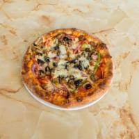 Sam’s Pizza · Pepperoni, crumbled sausage, mozzarella, green bell peppers, red onion, black olives, mushro...