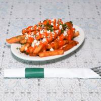 Garlic Feta Fries · Garlic sauce, hot sauce, and feta cheese.