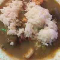 Gator Gumbo with SALAD · Sauteed Aligator over a bed of white rice and smothered in an authentic gumbo roux sauce wit...