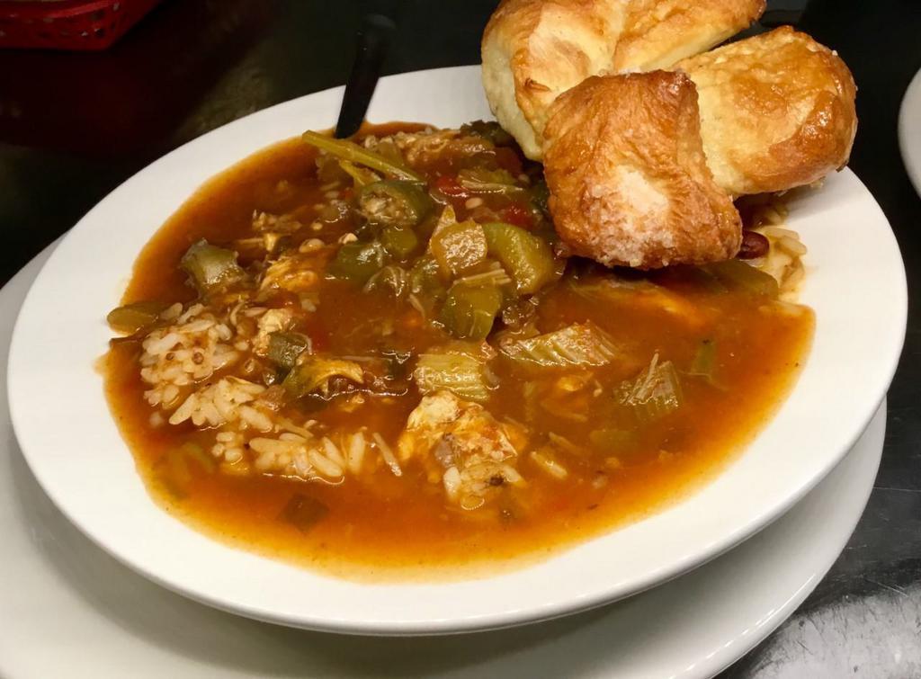 Seafood Gumbo with SALAD · Shrimp and bits of okra smothered in a delicious roux. Served over a mound of rice. Includes a dinner salad.